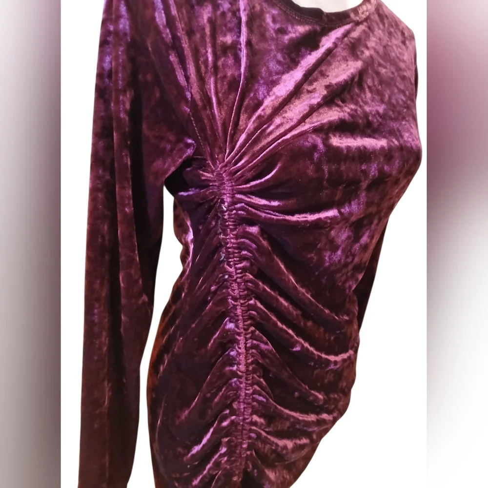 Crushed Velvet Ruched Drawstring Assymetric Stretch Dress Vamp Dark Romantic - Picture 2 of 11
